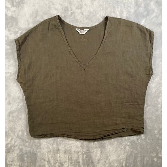Hard Tail Forever boxy V-neck linen top green minimalist elevated basic S/M boho - Picture 5 of 13